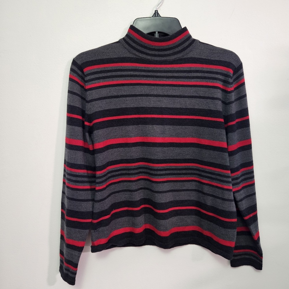 VTG Pendleton Women's High Neck Knit 100% Merino Wool Shirt Striped Grey Medium